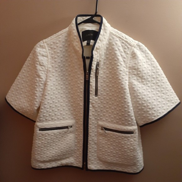 J. Crew White Black Trim Quilted Jacket Blazer Size S Short Sleeve